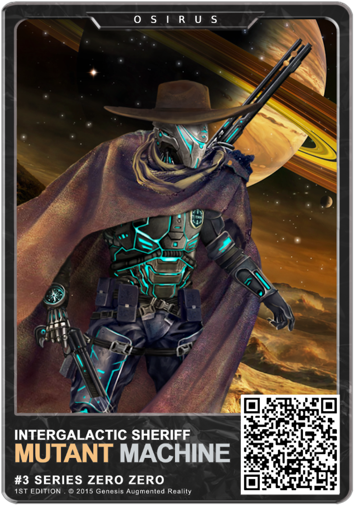The Osirus trading card from the Genesis AR TCG (Augmented Reality Trading Card Game)