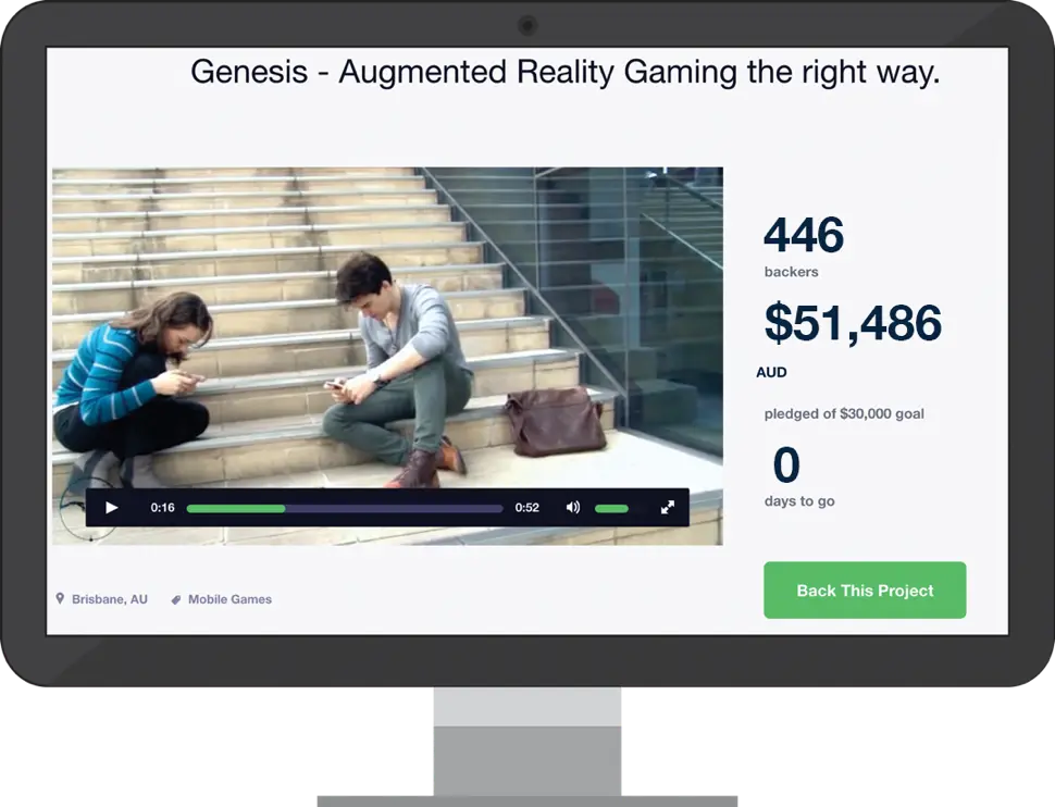 Screenshot of the Genesis AR TCG Kickstarter crowdfunding campaign webpage