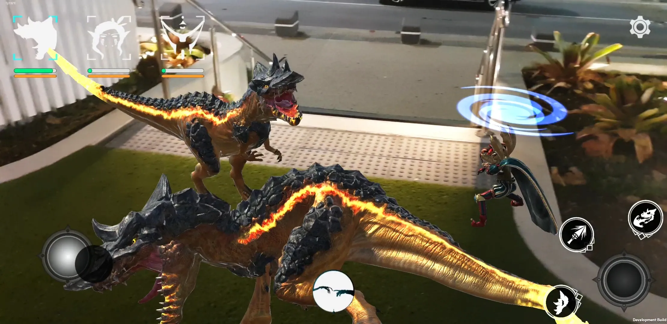 How to Play AR TCG. Giant orange dinosaur and red clown fighting on grass in augmented reality.