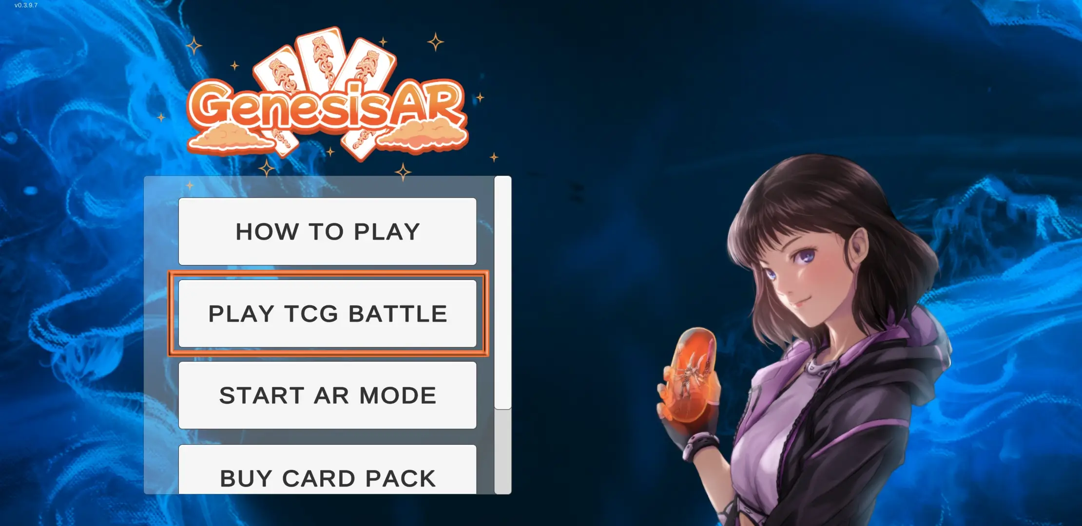 How to Play AR TCG. Main menu in the AR TCG mobile game.