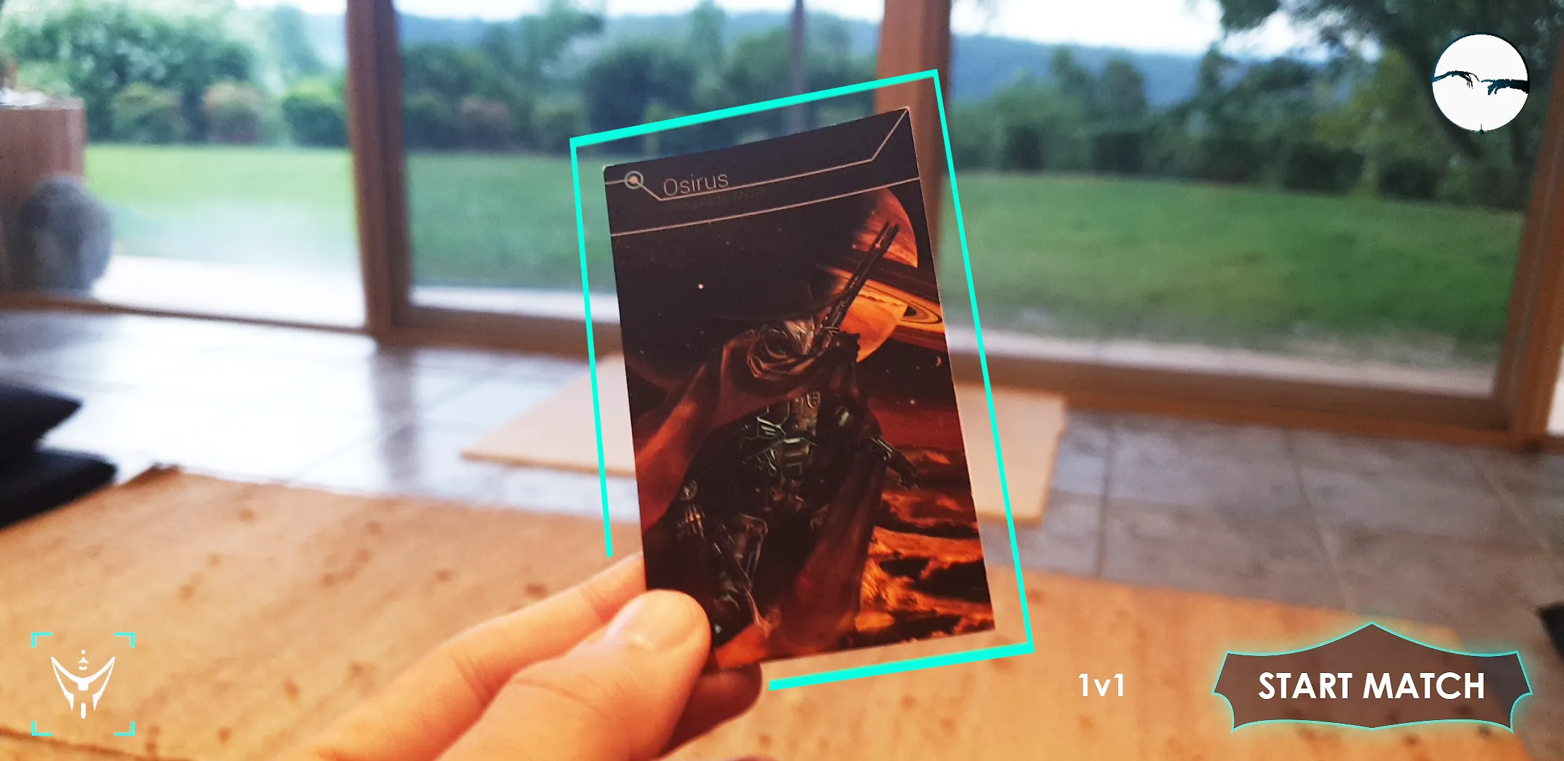 How to Play AR TCG. A persons hand holding a genesis augmented reality trading card preparing to scan it using their mobile phone.