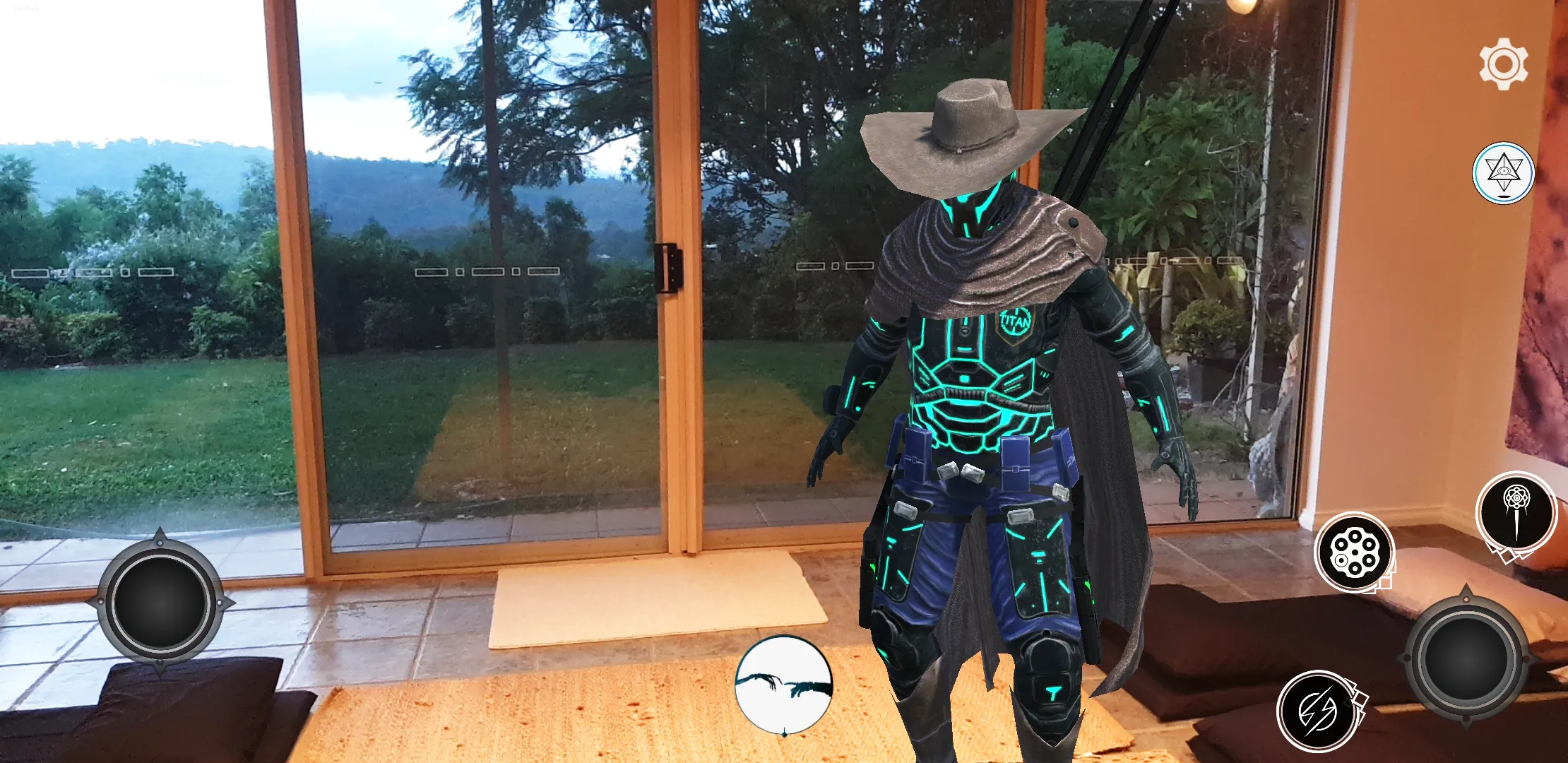 How to Play AR TCG. Robot cowboy standing in a living room.