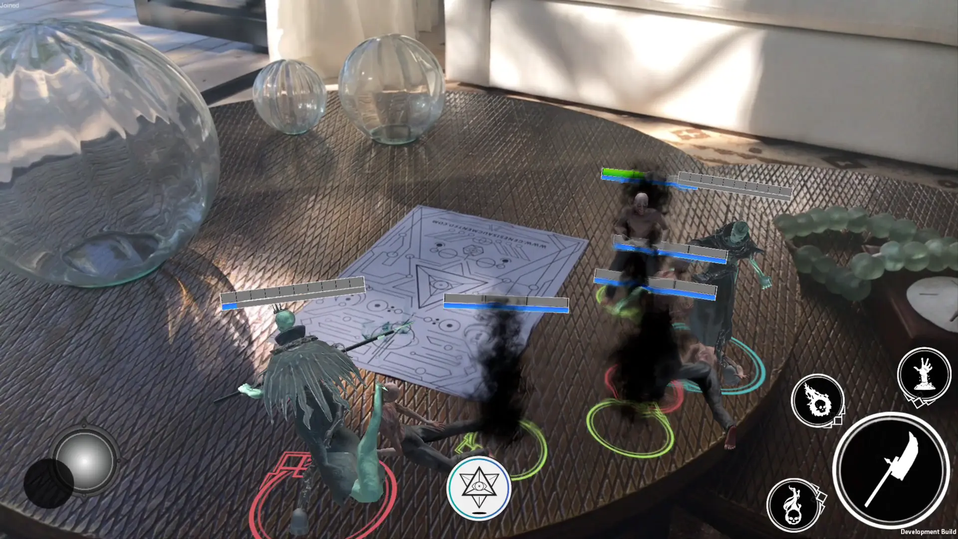Two Barons from the Genesis AR TCG (Augmented Reality Trading Card Game) fighting on a tabletop