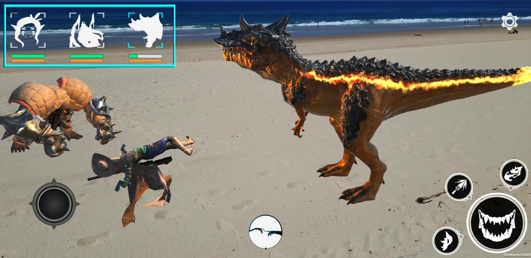 How to Play AR TCG. Giant orange dinosuar and giant armoured gorilla fighting on the beach with waves in the background.