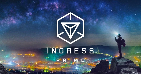 Play Genesis Augmented Reality Games. Man standing on a cliff at night with a city in the background playing the Ingress Prime augmented reality game