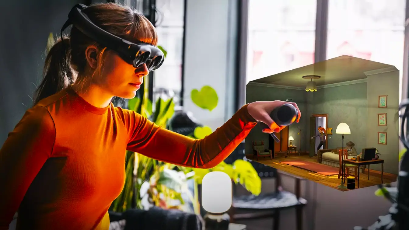 A young woman in a orange sweater wearing a magicleap (magic leap) augmented reality headset