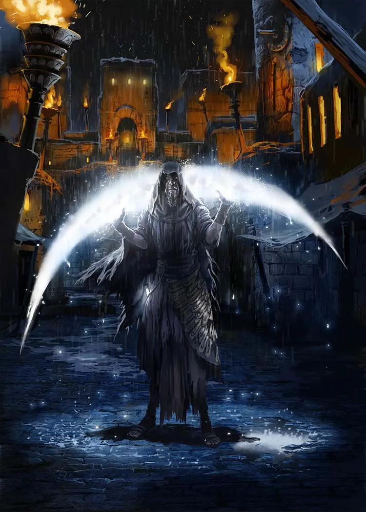 Genesis Augmented Reality Games. Erebus standing in the rain at night in the streets of Sumeria