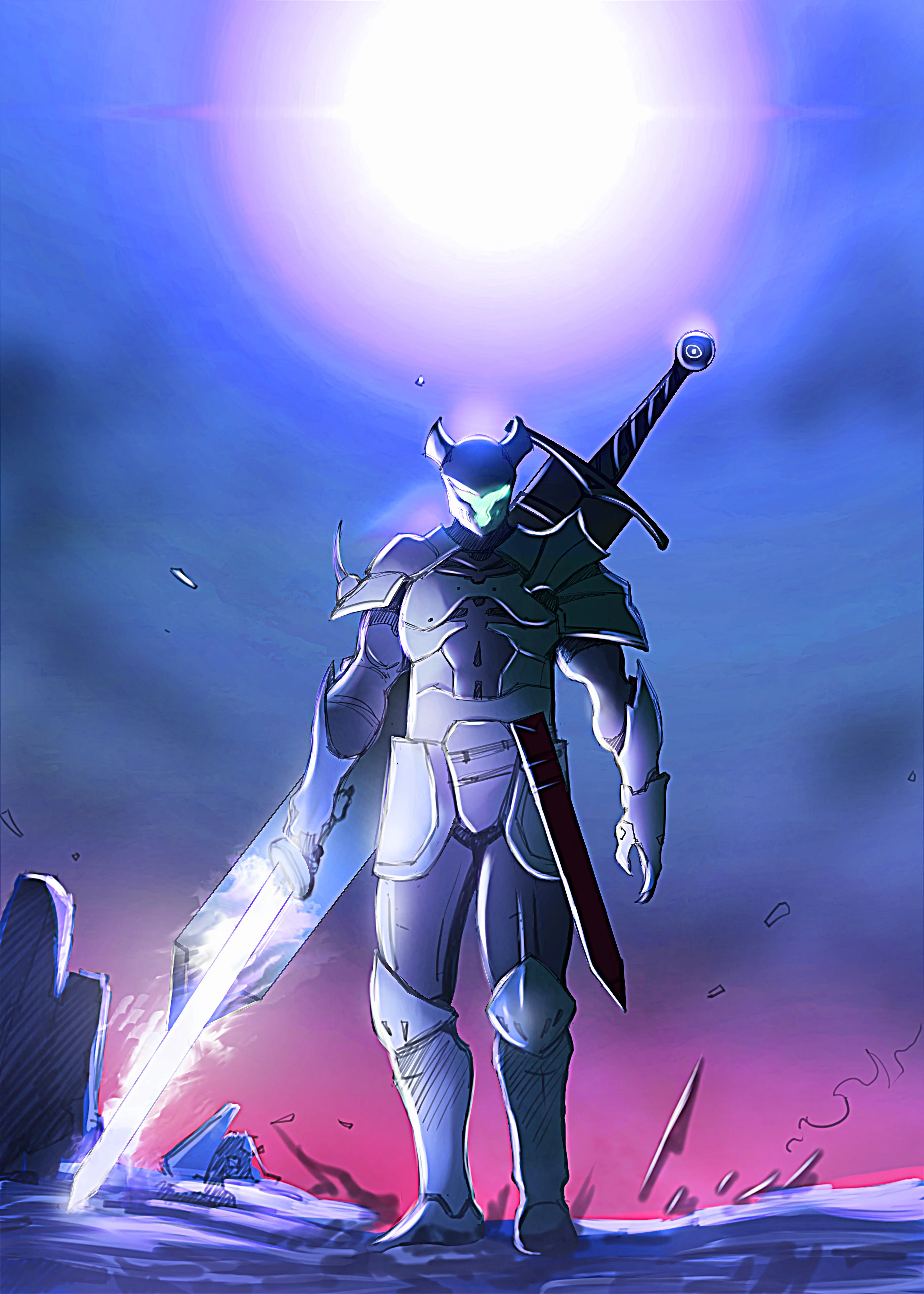 Genesis Augmented Reality Games. Xamash in blue armour holding a white fire sword with purple sky in the background