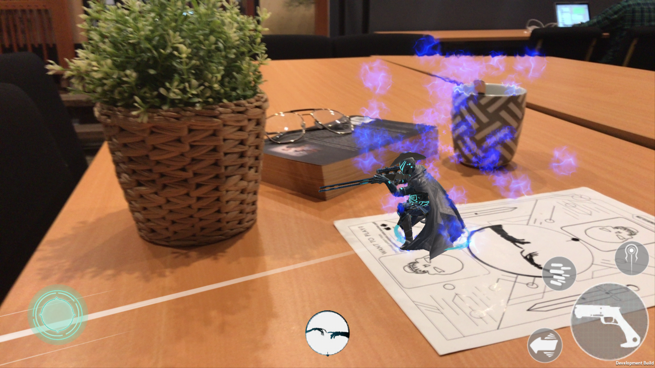 Genesis Augmented Reality playable character called Osirus in Augmented Reality shooting a laser sniper rifle