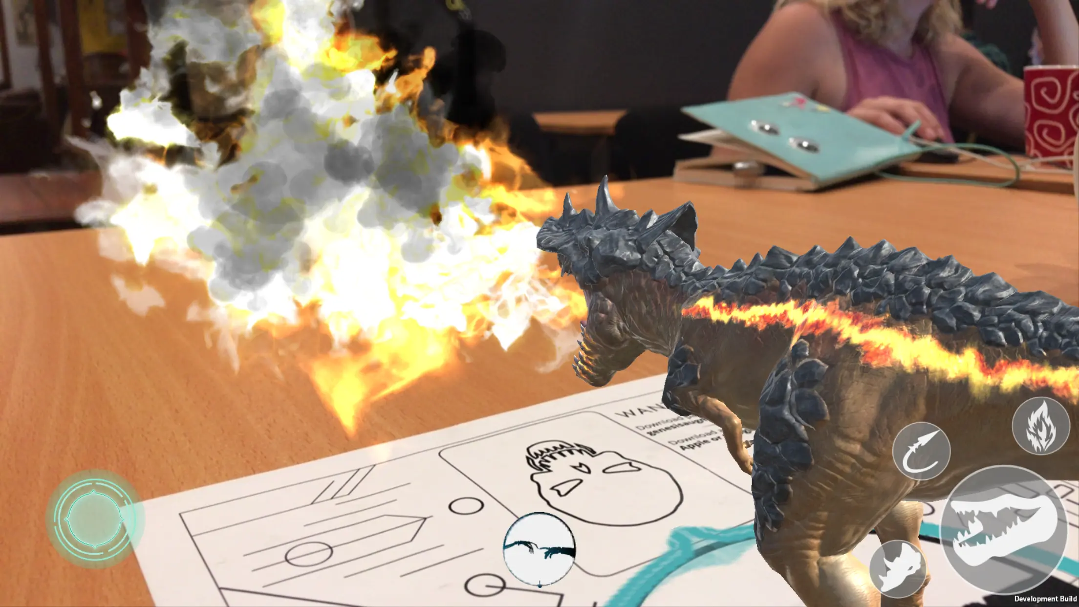Genesis Augmented Reality gameplay. Tyrant doing a fire breathing attack in Genesis AR Card Game