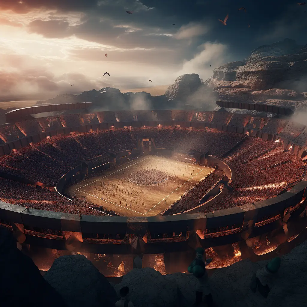 A wide perspective of the futuristic and technologically advanced gladiator stadium built by Time Corporation