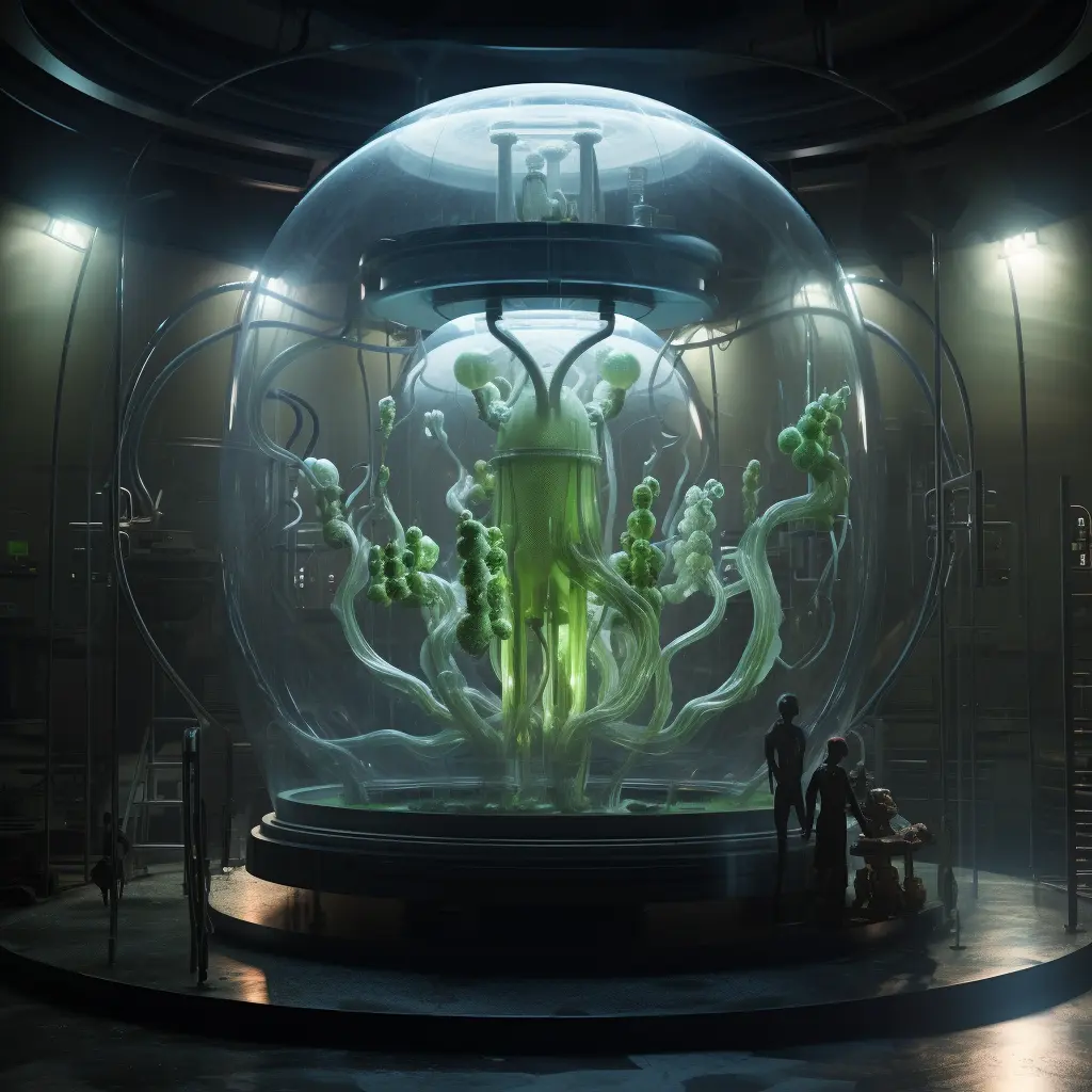 The inside of a Xomtek Alpha laboratory with scientists looking at a giant green alien inside a spherical glass container