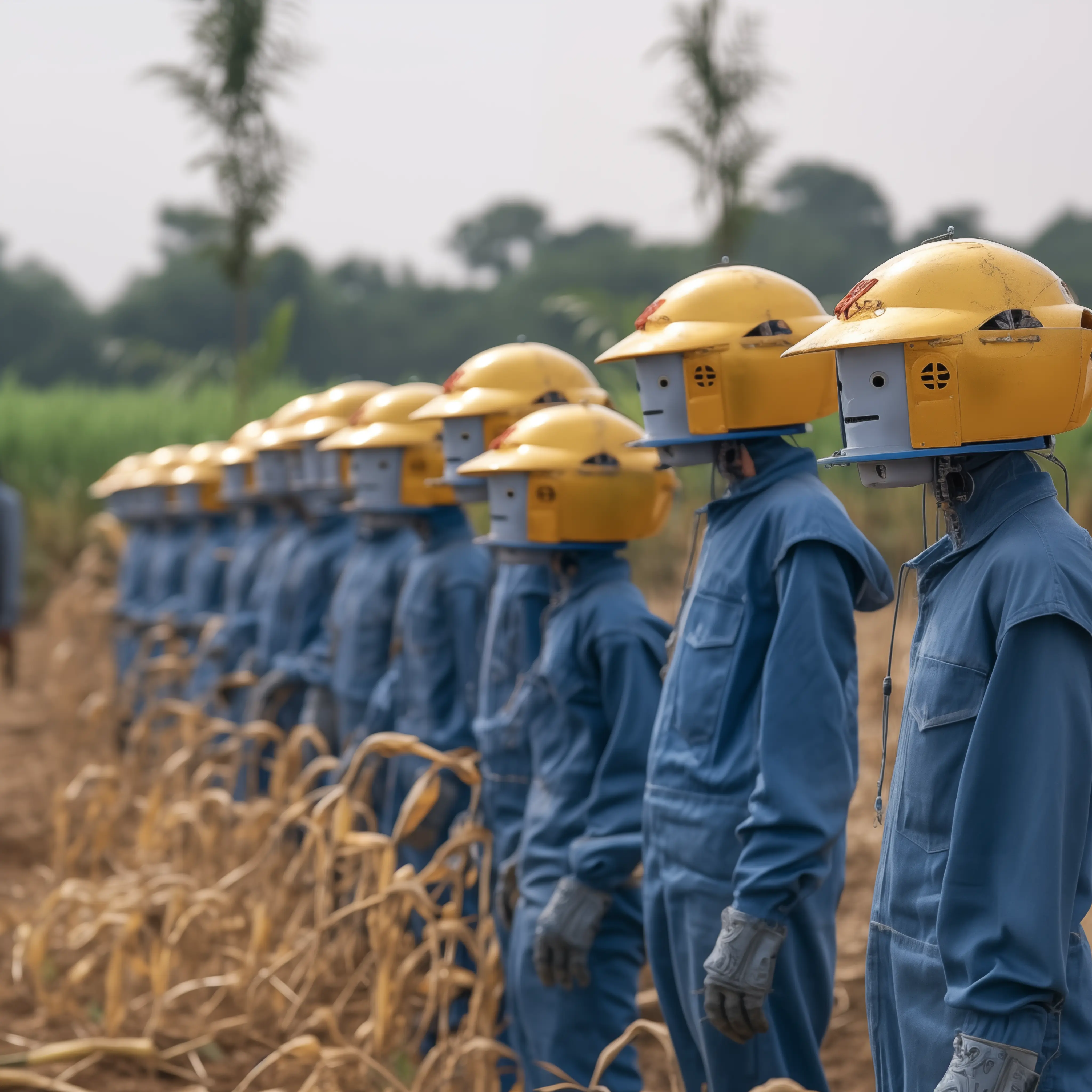A group of Chives farming robots with yellow helmets and blue overalls standing in a field of wheat. Made by XomTek